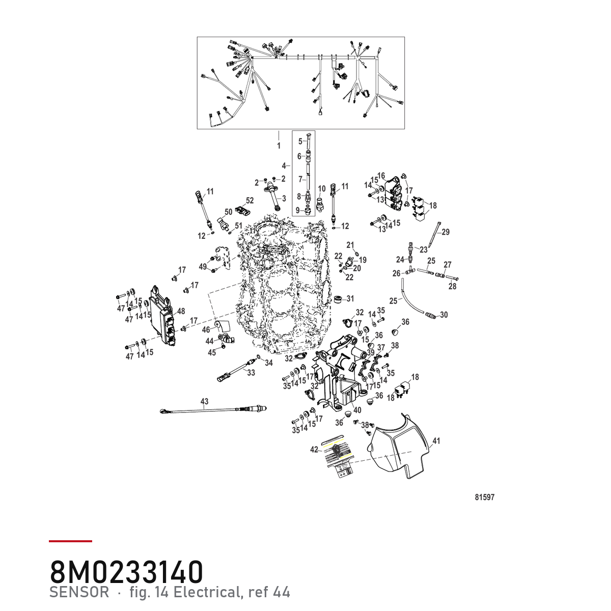 Kamakselsensor Mercury 8M0011987 – Camshaft Position Sensor – hvor delen sitter, tegning fra Mercurys delekatalog