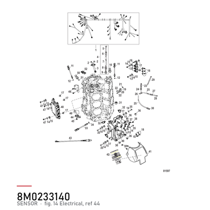 Kamakselsensor Mercury 8M0011987 – Camshaft Position Sensor – hvor delen sitter, tegning fra Mercurys delekatalog