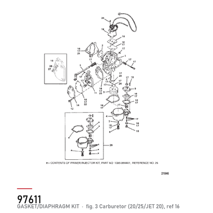 Forgasser reparasjonssett Mercury / Mariner 6–25 hk – OEM 27-9761-1 – hvor delen sitter, tegning fra Mercurys delekatalog